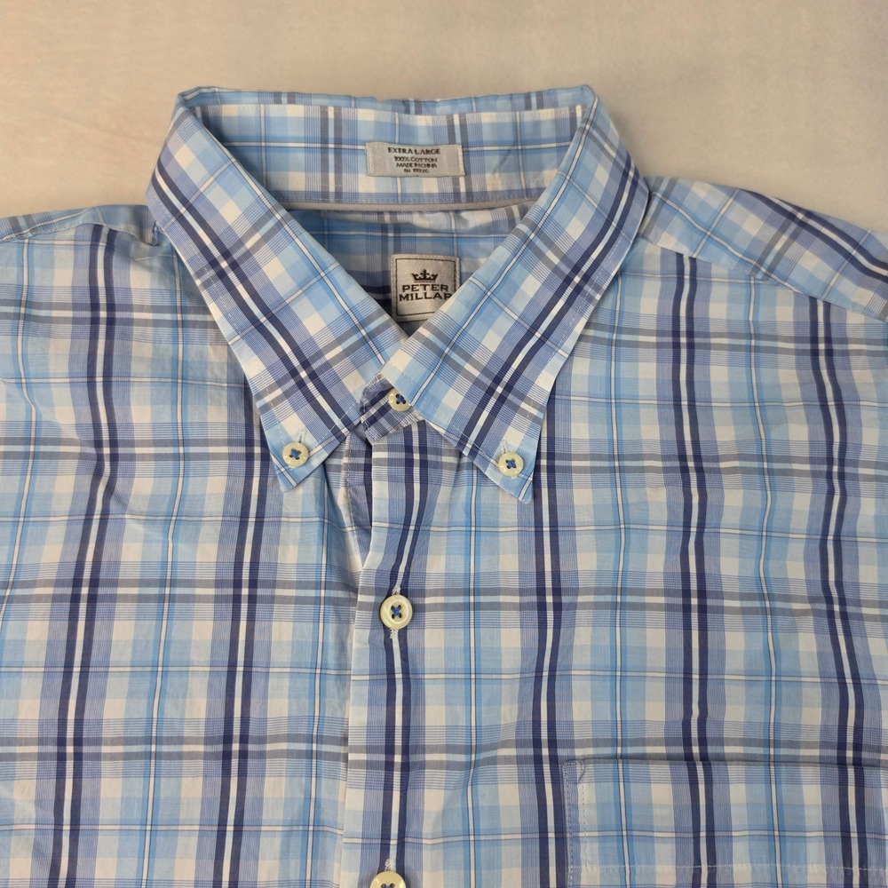 Peter Millar Button Down Shirt Men XL Blue Plaid Short Sleeve Cotton Pocket - Picture 2 of 8